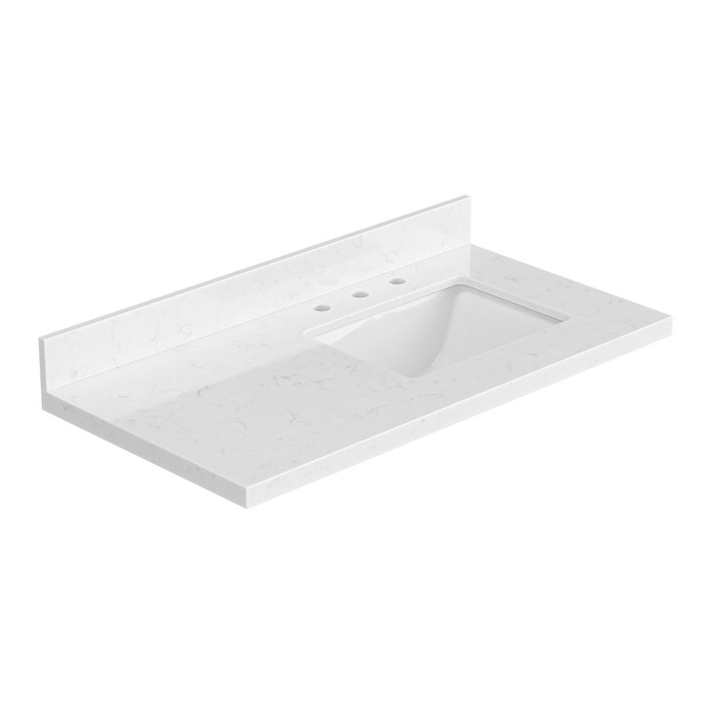 Comptoir de meuble-lavabo en quartz blanc Carrara de 42 po Ariel avec rebord à onglet de 1,5 po d'épaisseur avec lavabo simple rectangulaire à droite et dosseret inclus