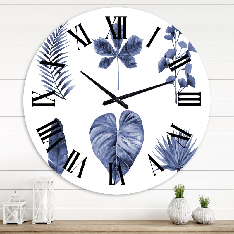 Abstrait bleu, ensemble de feuilles de plantes - horloge murale traditionnelle, Surdimensionné