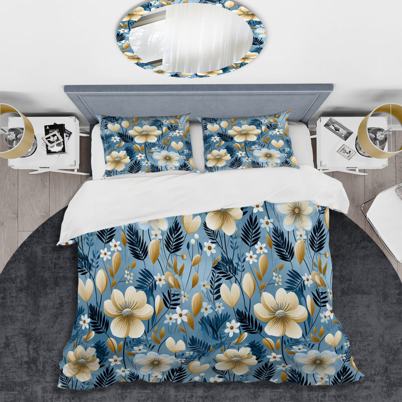 Blue Coastal Harmony Floral Pattern IX - Ensemble de housse de couette à motif floral