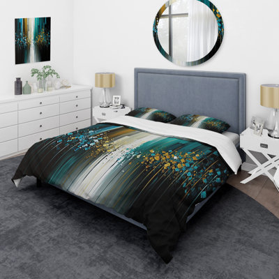 Ensemble de housse de couette en microfibre / polyester abstrait géométrique noir et vert II