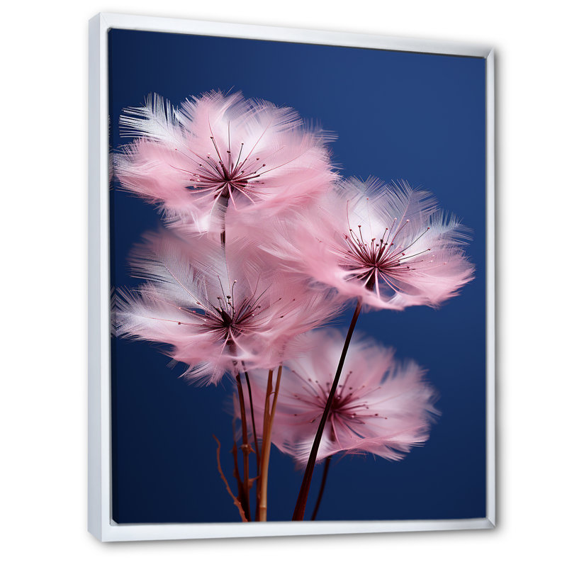 «Delicate Pink Dandelian Flowers On Blue Sky», reproduction sur toile, Cadre flottant blanc, H 32 po x l 16 po x P 1 po