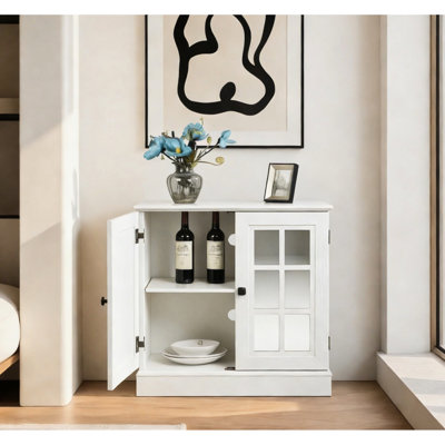 Buffet de rangement avec 2 portes décoratives en miroir en acrylique, tablette réglable, grain de bois blanc 3D, poignées en métal, compact, finement ajusté et facile d'entretien