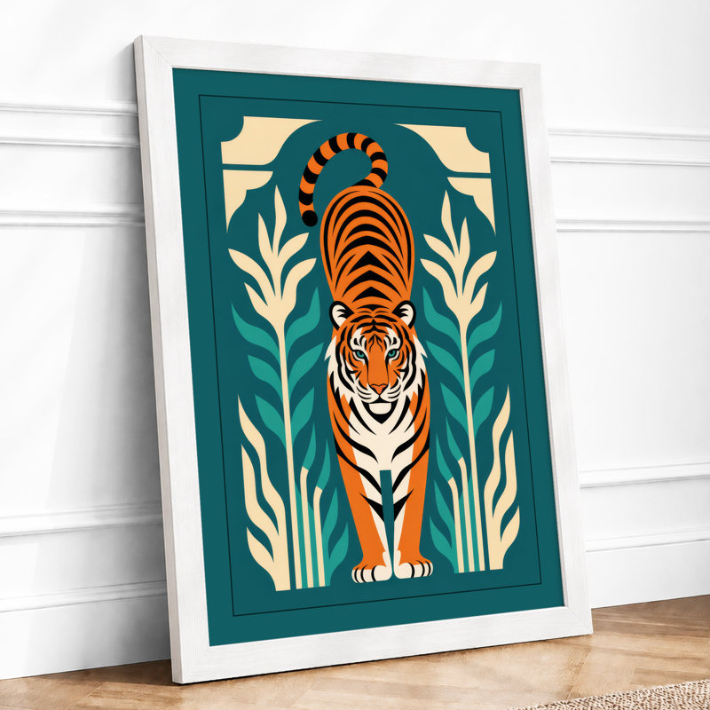 Tiger in Symmetry Art Deco - Framed Print, A1 - 84.1 x 59.4 cm, White