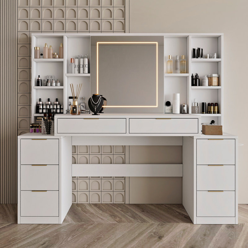 Makeup Vanity Desk with Mirror and Lights, 59" Large Vanity Table with 8Drawers & Open Storage Shelves, Brightness Adjustable, Dressing Table for Bedroom
