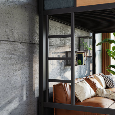 Grand cadre de lit mezzanine avec tablettes de rangement, panneau perforé, ports USB et lumières DEL, lit mezzanine en métal, sécuritaire et robuste, naturel