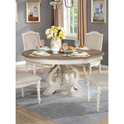 Élégante salle à manger rustique 5 pièces avec table ronde et 4 chaises d'appoint, sièges rembourrés en tissu, finition blanc antique, fabrication en bois massif, base en piédestal, incrustations complexes Détails style A, bois