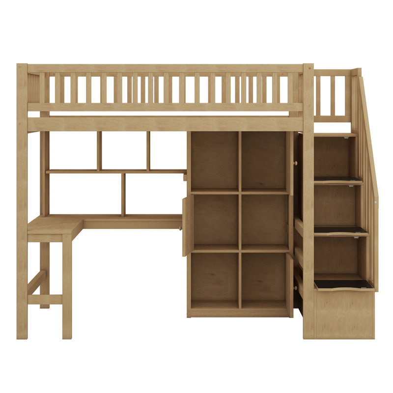 Lit mezzanine en bois avec bureau intégré, DEL, tablettes de rangement, armoires et escalier, Noyer