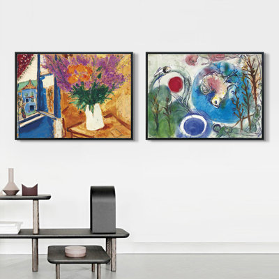 Reproduction d'art numérique sur toile encadrée, 2 pièces par Marc Chagall, série d'art mural n ° 08 pour les décorations de bureau à domicile (cadre de couleur bois mince, 18 po x 24 po chaque pièce)