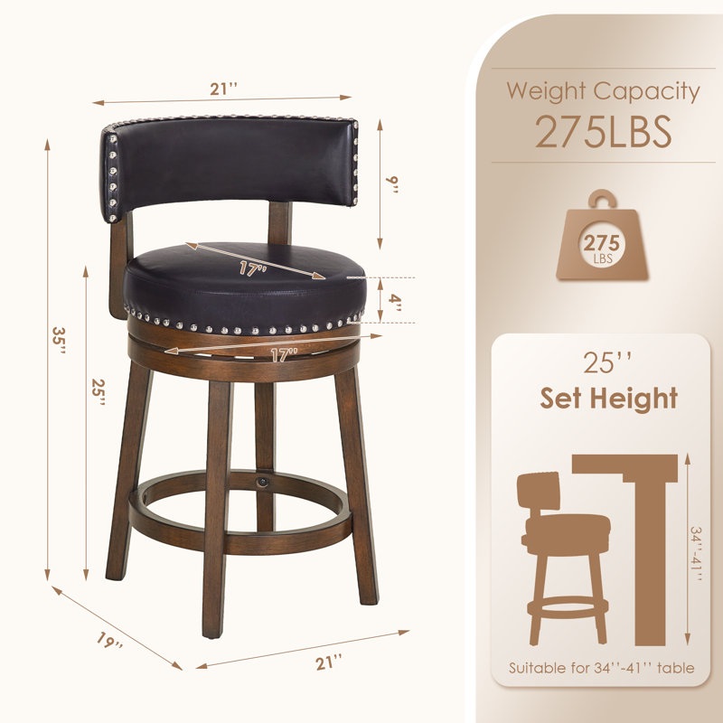Tabouret de cuisine pivotant rembourré de 61 cm (24 po) de hauteur comptoir, pivotant à 360°, avec assise et dossier épais rembourrés, structure en bois massif, repose-pieds et garniture cloutée.