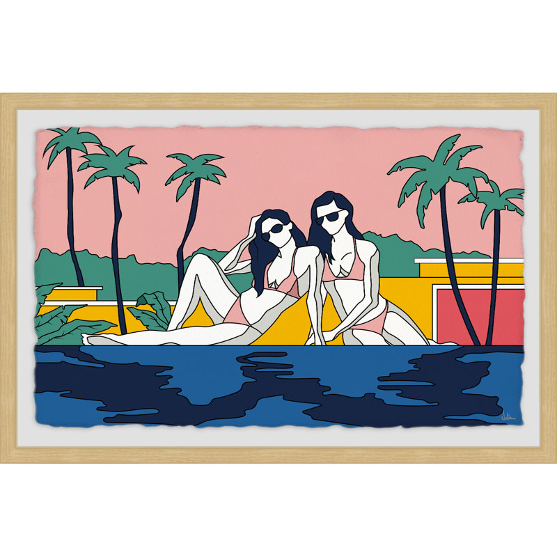 Girls Sunbathing by the Pool 1 Piece Single Picture Frame Wall Art, 41 cm H x 61 cm W x 4 cm D