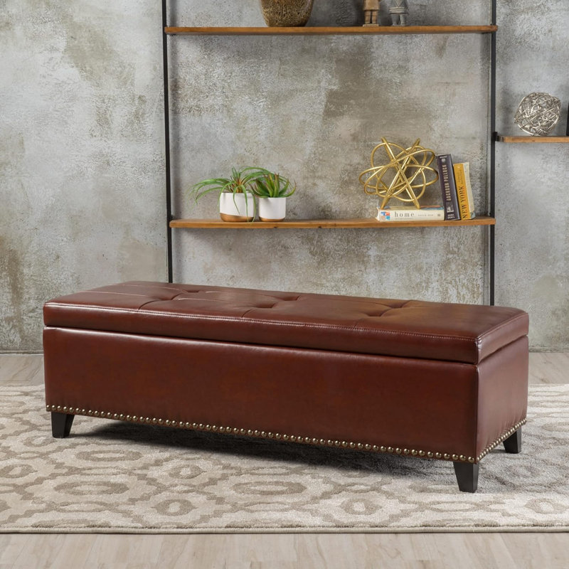 Banc de rangement rembourré avec couvercle à charnière et garniture cloutée pour la chambre du salon