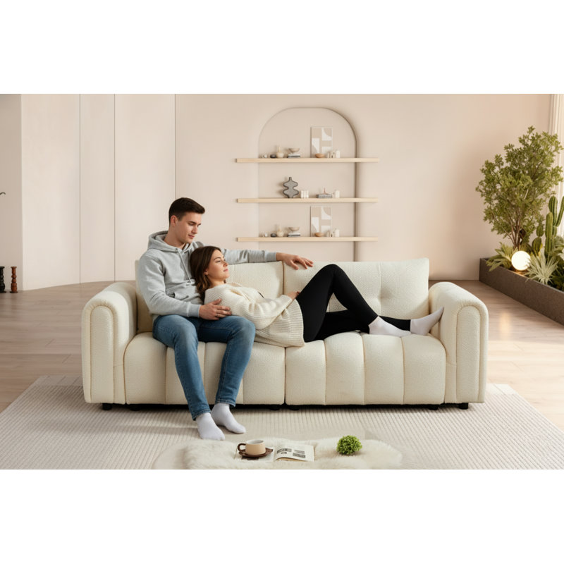 91.5" Cream Chenille Modern Tufted Sofa, Upholstered Living Room Couch with 2 Throw Pillows, Cloud Sofa for Apartment, Bedroom, Office