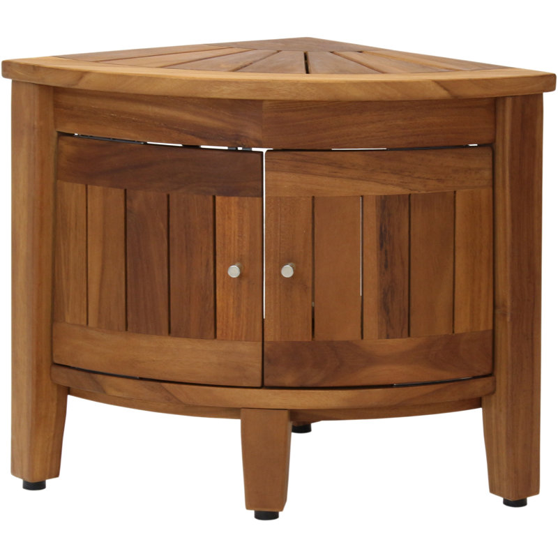 Kai 15.5" Corner Teak Shower Bench With Shelf & Front-facing Doors