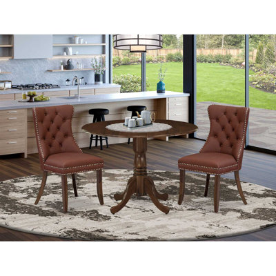 3-Piece Antique Walnut Finish Solid Wood Top-Round Upholstered Dining Room Set with Dropleaf-Seats 4