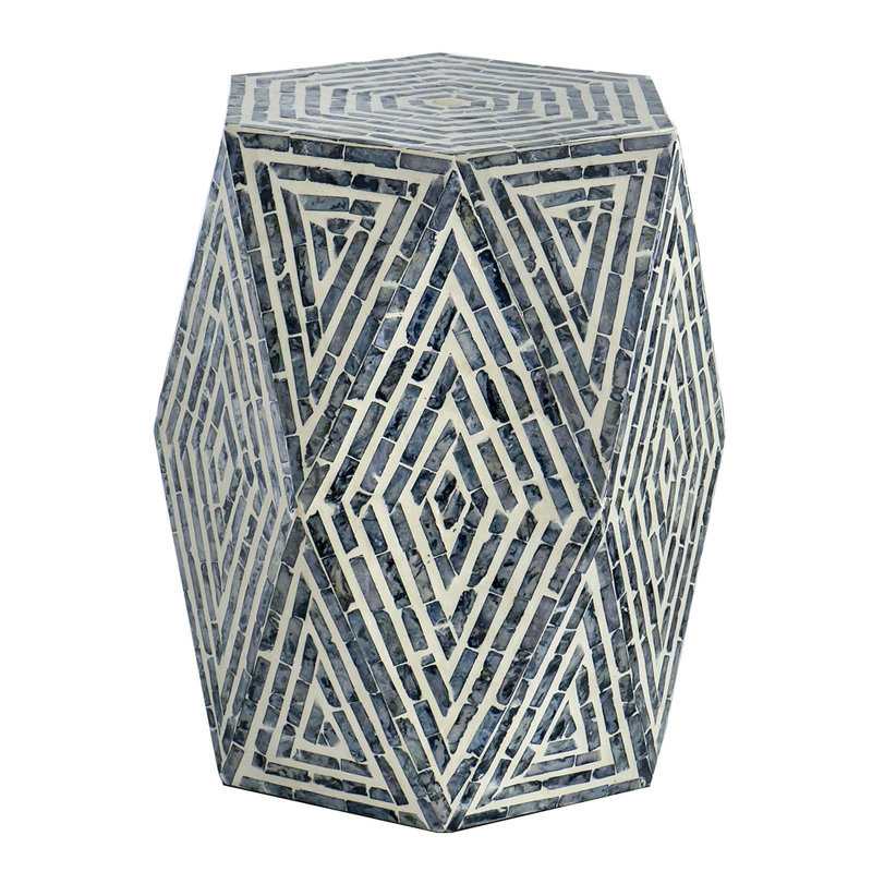 16 x 14 x 18 po, tabourets de jardin hexagonaux, table d'appoint unique Capiz, noir / blanc