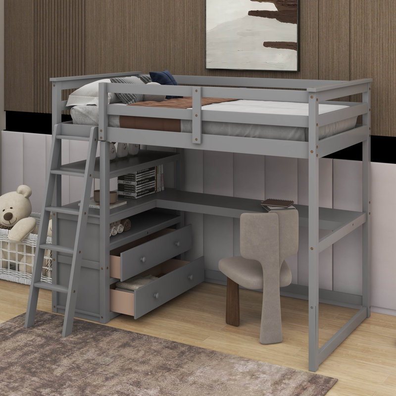 Lit mezzanine avec bureau et tablettes, Gris, Lit simple