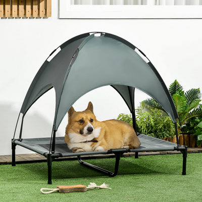 Lit pour chien surélevé gris de 36 po avec auvent - Tissu portatif et respirant, solide pour les grands animaux de moins de 66 lb, berceau portatif de 36 po à hauteur de maille, chien lourd, quatre pieds stables