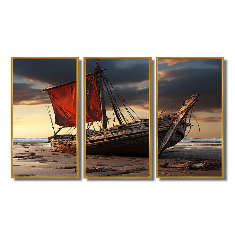 Amayrany - Ensemble d'art mural bateau, Cadre flottant doré, H 28 po x l 36 po x P 1 po