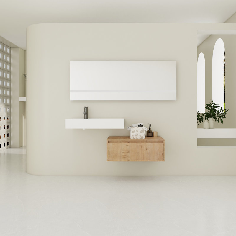 Meuble-lavabo mural 30 po avec lavabo en résine, tiroir à fermeture en douceur, conception à fixation flottante, meuble-lavabo