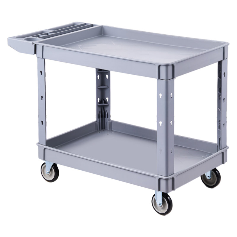 Utility Cart, 550 lbs Load Capacity, 2-Tier Rolling Service Cart with 360° Swivel and Fixed Wheels (2 Brakes), Durable Plastic Design with Storage Tray, Ideal for Garage, Warehouse, and Workshop Use, Gray