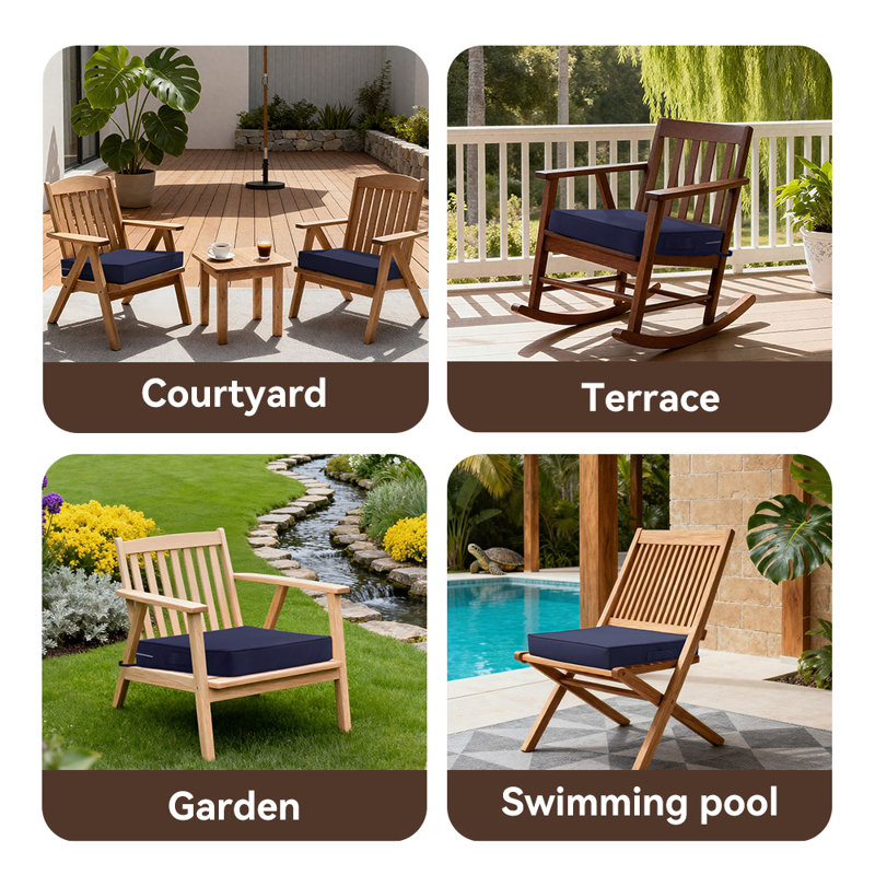 2-Piece Outdoor Cushion Set, Waterproof Fade Proof Patio Seat Pad with Carry Strap, Non-Slip Base & Zipper Removable Cover,Navy