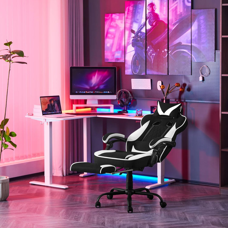 Inbox Zero Adjustable Reclining Ergonomic Swiveling PC & Racing Game Chair with Footrest, White/Black