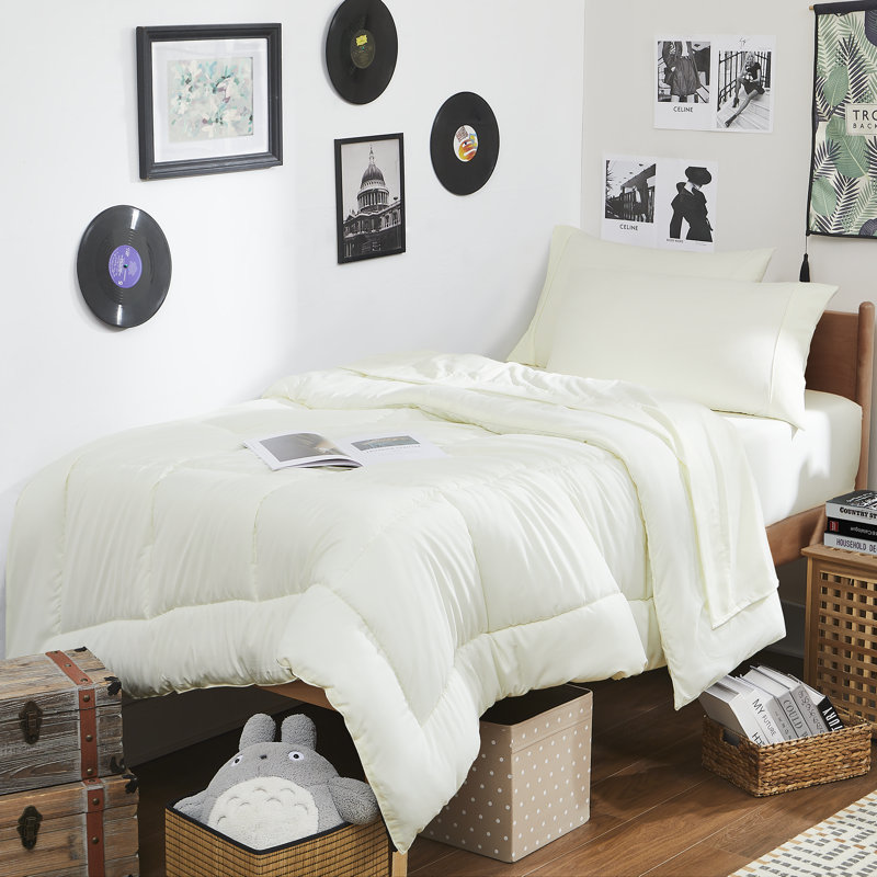 7PC Campus Ready Dorm Twin XL Bedding Bundle, Solid Comforter, Pillows And Sheet Set, Ivory