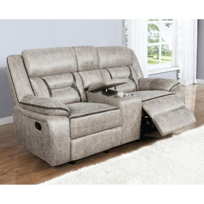 Glider In Taupe Upholstery, Manual Reclining Feature, Smooth Gliding, Lift - Top Console With Power Outlets, Cup Holders, Pocket Coil Cushions For Support Seats, Gliding Motion, Console, Stainless