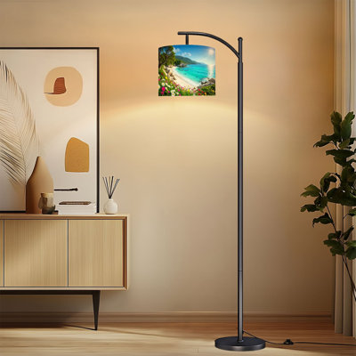 Arc Floor Lamp with Adjustable Lampshade Tropical Beach Turquoise Water Wildflowers Coastal Landscape Standing Lamp 3 Colour Temperatures Dimmable Tall Pole Lamp with Foot Switch for Bedroom