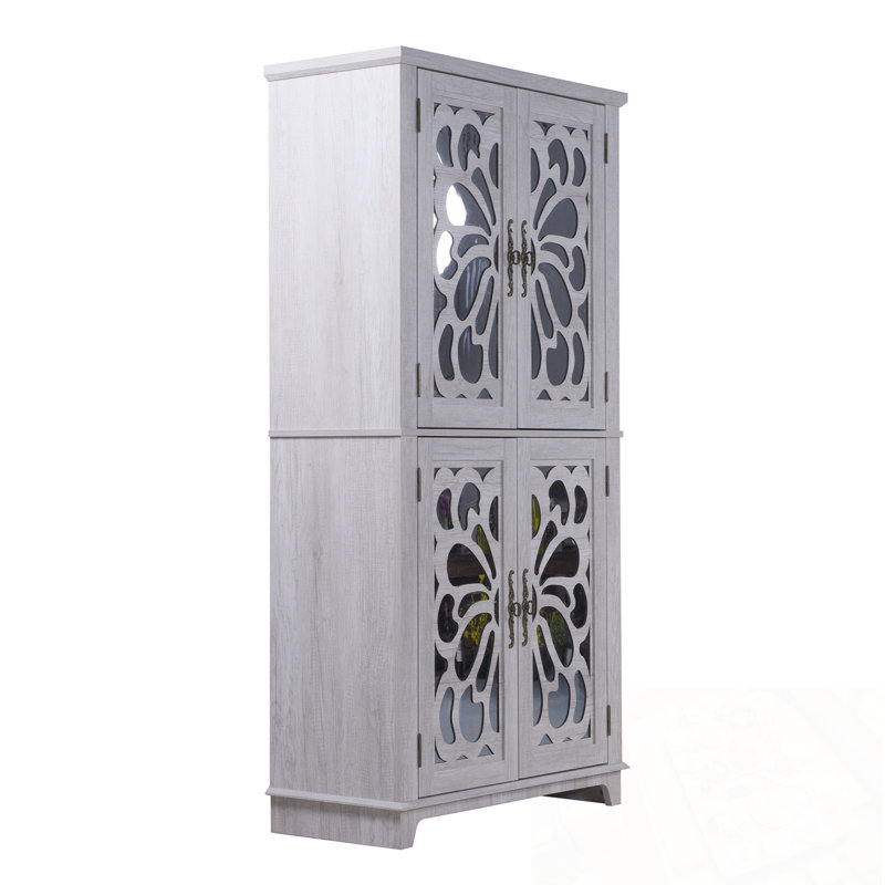 Ranee avec 4 portes en miroir en acrylique et tablettes réglables, Light Grey