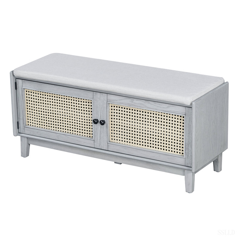 Banc d'entrée en rotin avec rangement Boho, banc à chaussures rembourré avec portes doubles, banc de rangement en bois, Gris