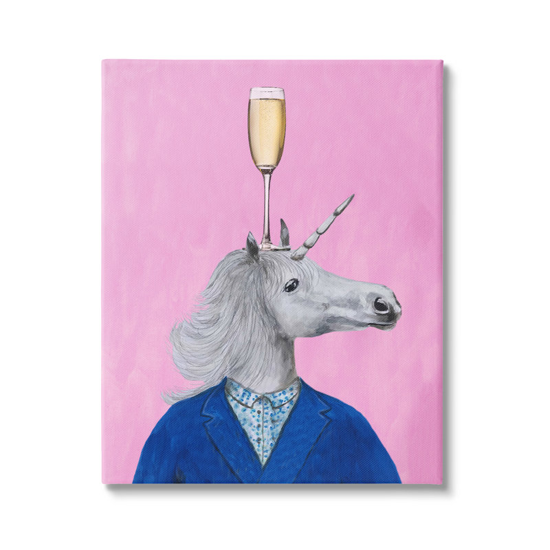 Licorne portant un costume et une coupe de champagne sur fond rose par Coco de Paris - Peinture, H 48 po x l 36 po x P 1,5 po