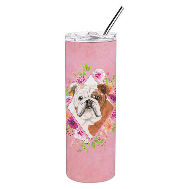 E23BF9F8391D466E9CA4F8DFEBD9A7DB de verre 20 oz à double paroi en acier inoxydable chiot, Bouledogue anglais brun, Rose
