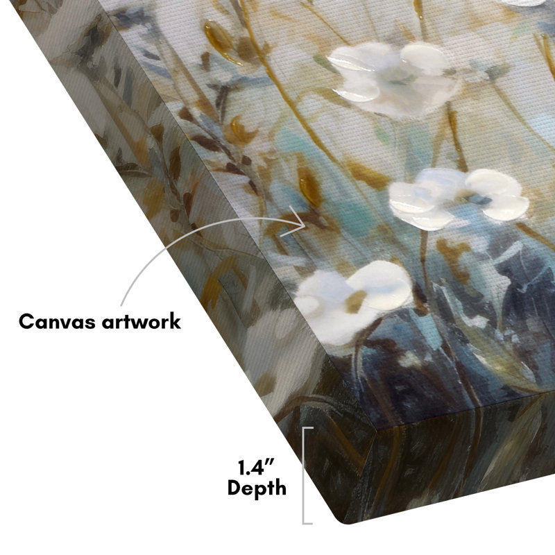 20x40 Floral Canvas Wall Art Featuring White Wildflowers with Hand-Painted Accents - Gallery Wrap - Green, Beige and Blue - Modern Wall Art