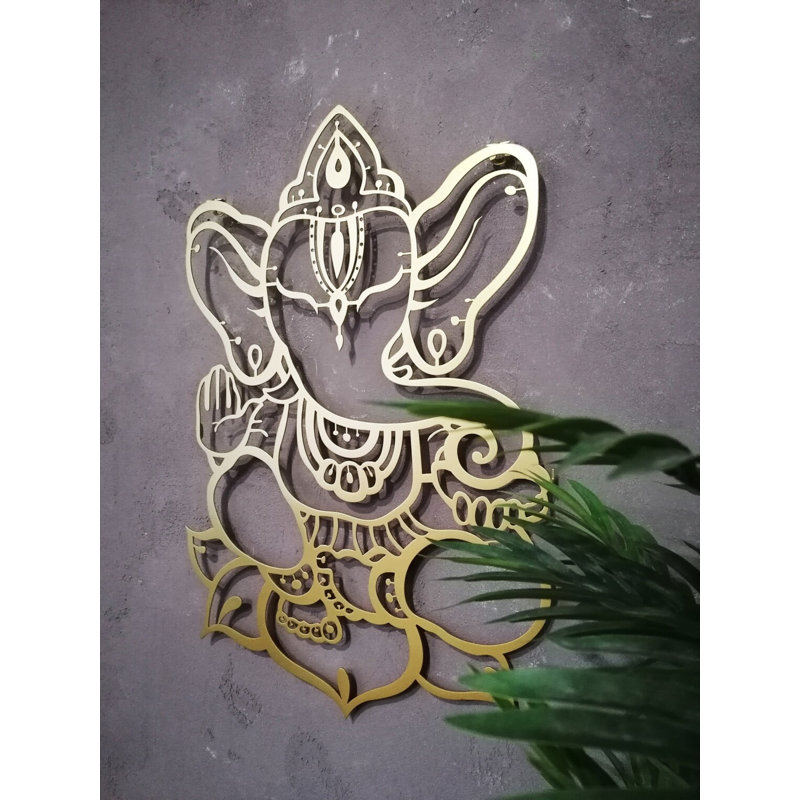Metal Ganesha Idol Wall Hanging Decor, Ganapati Metal Wall Art Lord Ganesh Idol, Matte Gold, 14" H x 9" W x 0.50" D