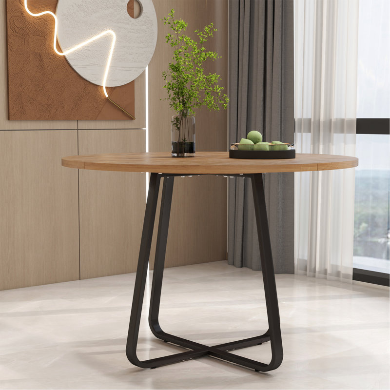 43.3" Round Dining Table For 4-6 People, MDF Wood Tabletop With Sturdy Metal Legs, Modern Kitchen Table With X-Shaped Base, Easy Assembly, Large Round Dinner Table For Dining Room, Living Room & Apart