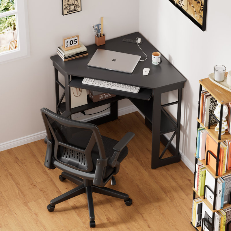 2-Piece L-Shaped Computer Desk With Power Outlet And Ergonomic Mesh Office Chair Set, Corner Home Office Workstation Desk With Storage Shelves And Adjustable Swivel Desk Chair With Wheels For Work, Study, Gaming