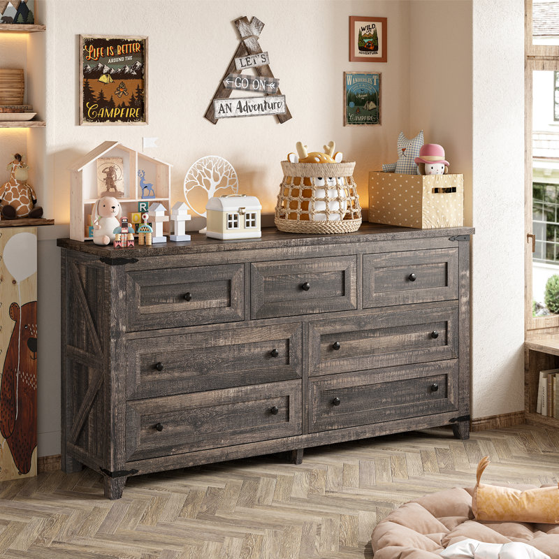 Dark Rustic Oak Farmhouse 7-Drawer Wood Dresser