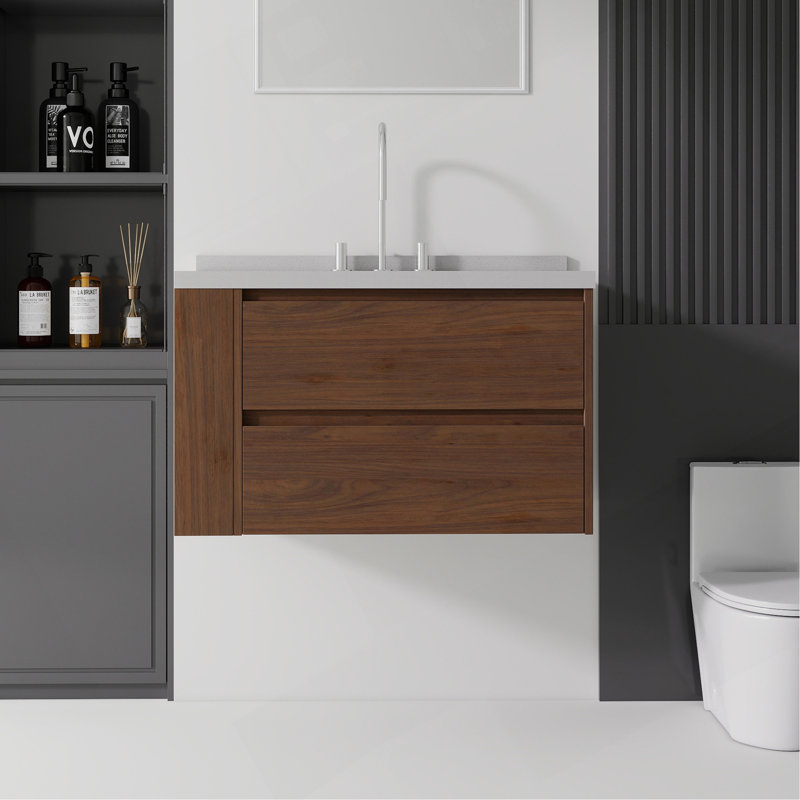 Meuble-lavabo flottant 36 po avec lavabo, tiroir à fermeture en douceur, comptoir en granite blanc de 2 po et dosseret, contreplaqué