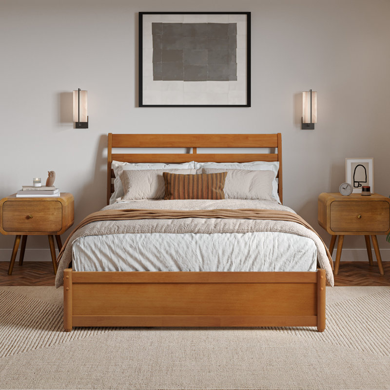 Lamareon Solid Wood Storage Platform Bed with Footboard & Under Bed Drawers, Full, Light Toffee