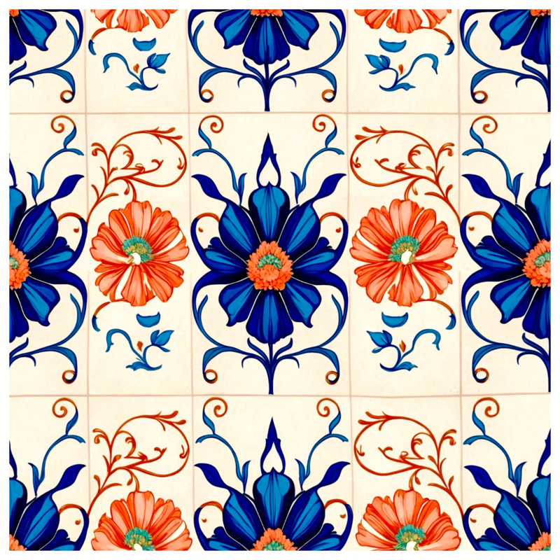 Blue Orange Floral Tile Comforter, Queen