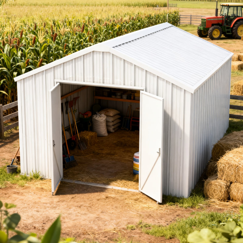 Remise en métal pour garage simple 12 pi x 20 pi, double porte, toit de calibre 26, portes battantes de rangement en acier galvanisé, cadre 14, finition couleur crème