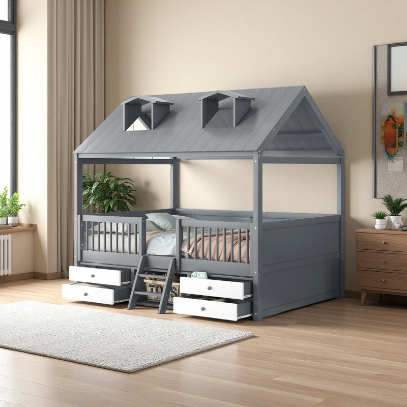 Wood Bed House Bed Frame, Gray, Full