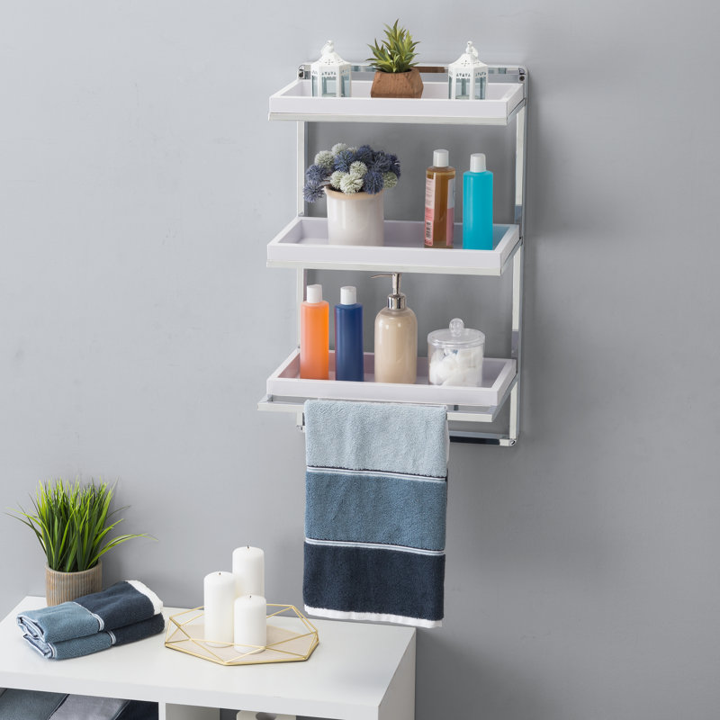 Sleek 34.5" White Floating Wall Shelf with Chrome Towel Bar