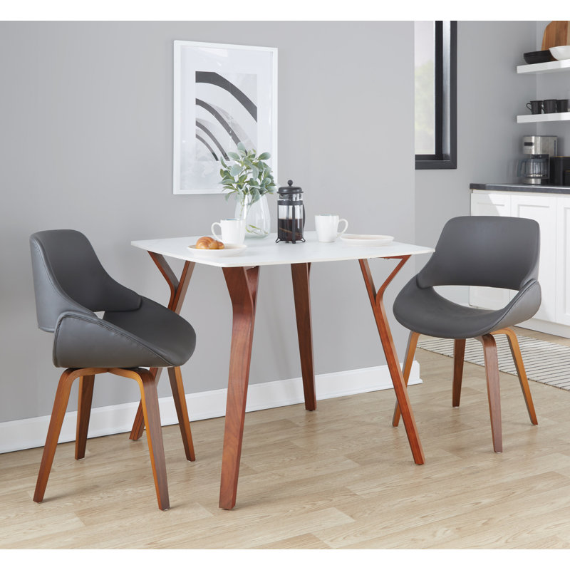 Najrin Upholstered Side Chair with Bent Wood Legs, Gray Faux Leather, Walnut Bent Wood