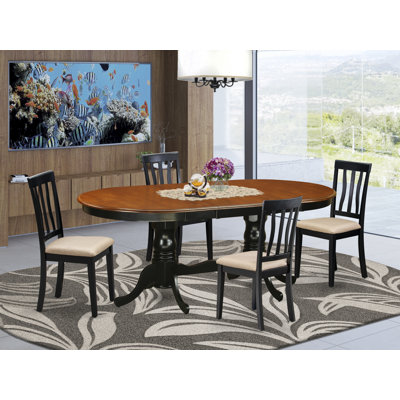 5 Piece Dining Room Table Set Includes an Oval Wooden Table with Butterfly Leaf and 4 Linen Fabric Kitchen Dining Chairs, Black & Cherry