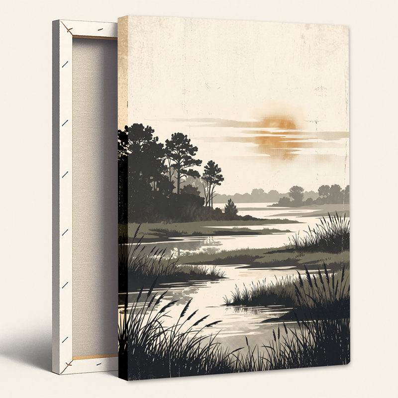 Art sur toile, marais orange sur une rivière, H 18 po x l 12 po