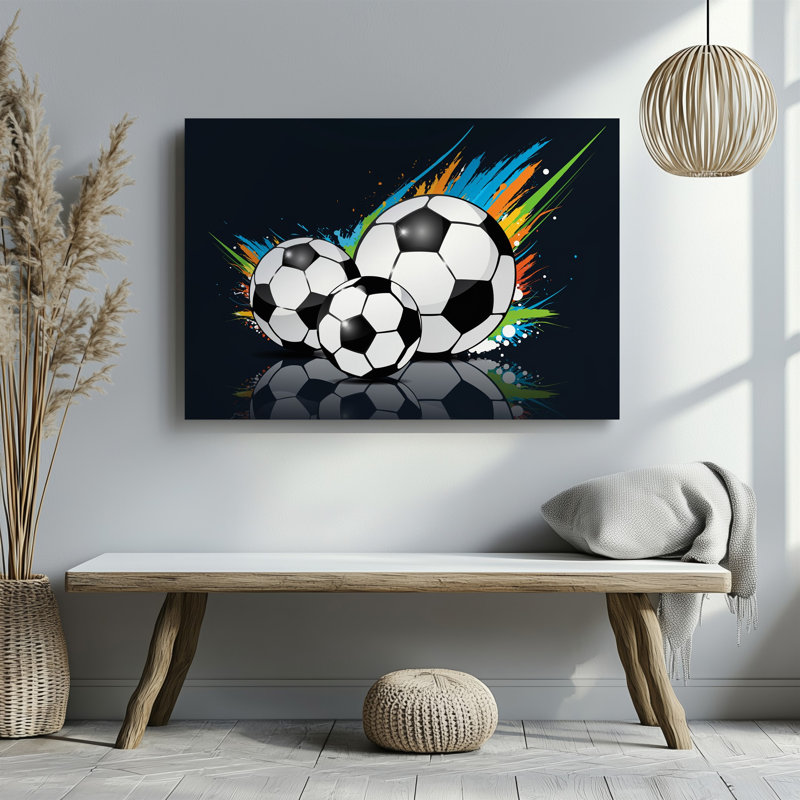 Toile, une illustration dynamique et vibrante mettant en vedette trois ballons de soccer stylisés dans un art mural