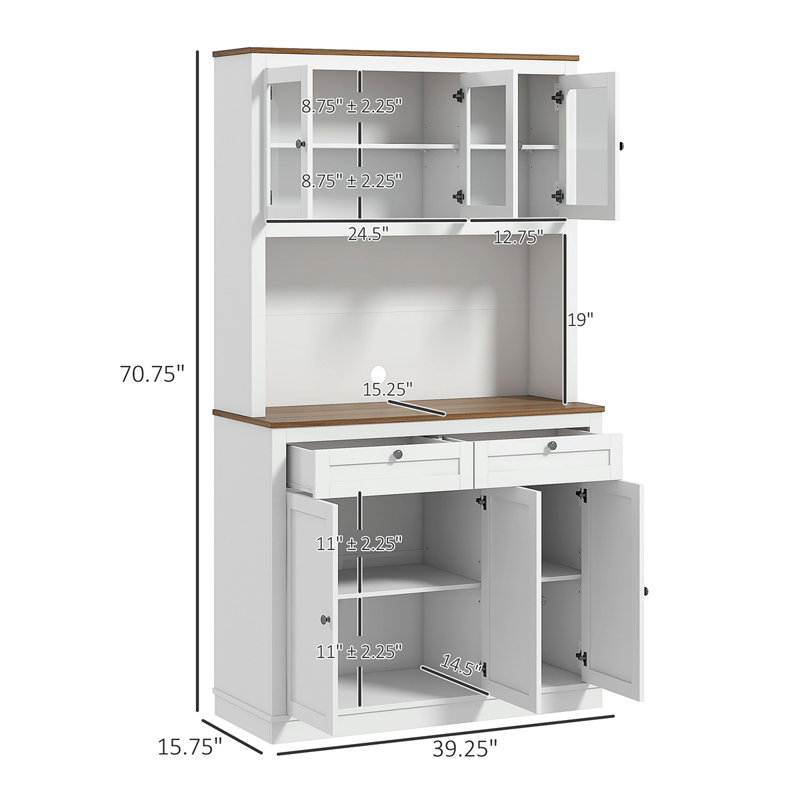Armoire de rangement pour garde-manger de 71 po de hauteur avec support pour micro-ondes, buffet autoportant avec huche, 2 tiroirs, 5 portes, tablettes réglables et portes en verre pour la cuisine, la salle à manger