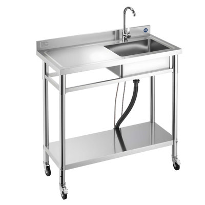 Stainless Steel Utility Sink, Rolling Single Bowl Commercial Kitchen Sink with Wheels, Faucet and Hot & Cold Water Pipe, Utility Basin Workbench for Garage Restaurant Laundry 39.4 x 19.7 x 41.5 in